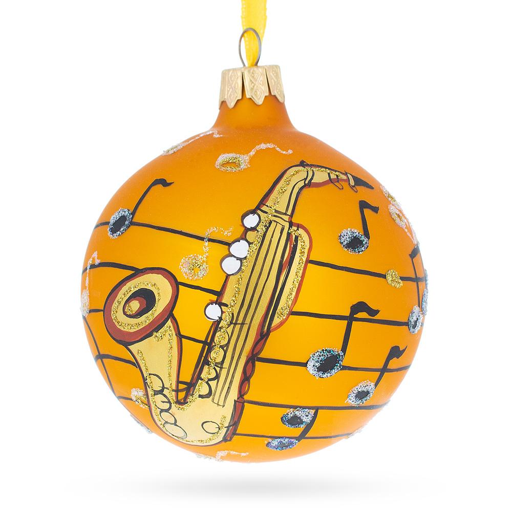 Melodic Saxophone Music Lover Blown Glass Ball Christmas Ornament 3.25 Inches in Gold color, Round shape