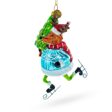 Fox Ice Skating Blown Glass Christmas Ornament in Multi color