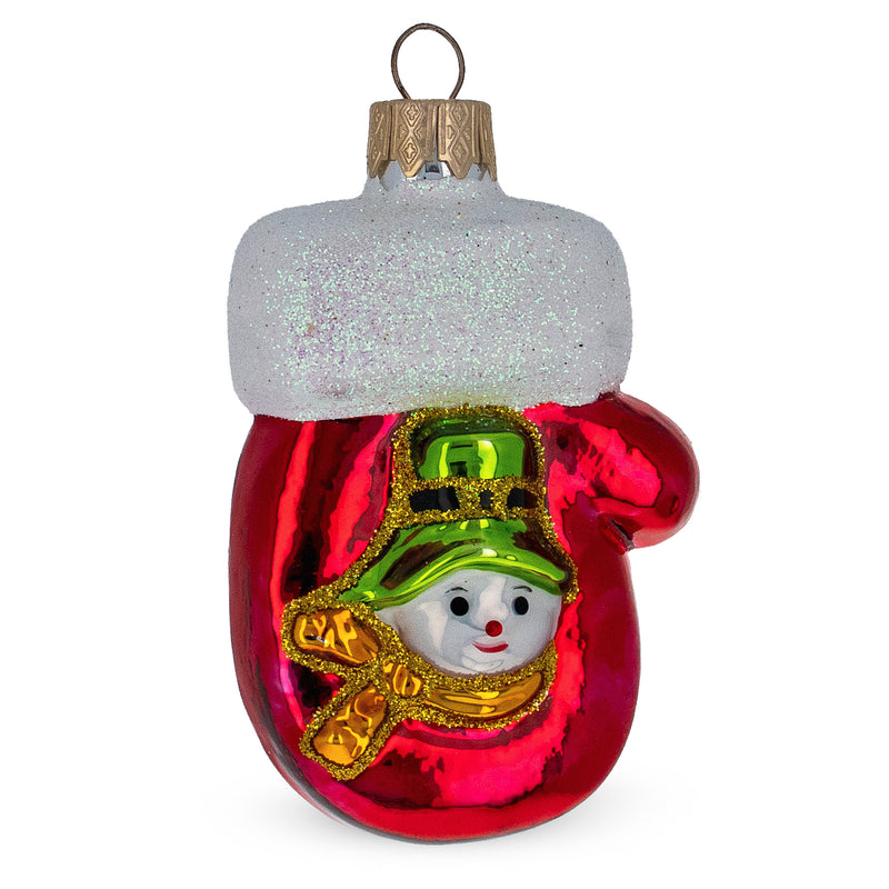 Glittered and Shiny Mitten with Snowman Glass Christmas Ornament in Red color,  shape