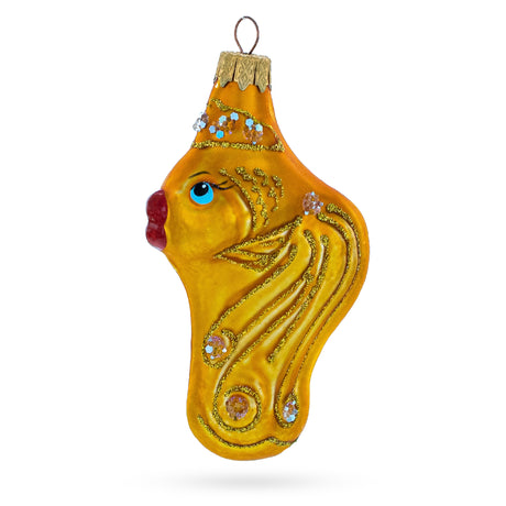 Golden Fish with Blue Eyes Glass Christmas Ornament in Gold color,  shape