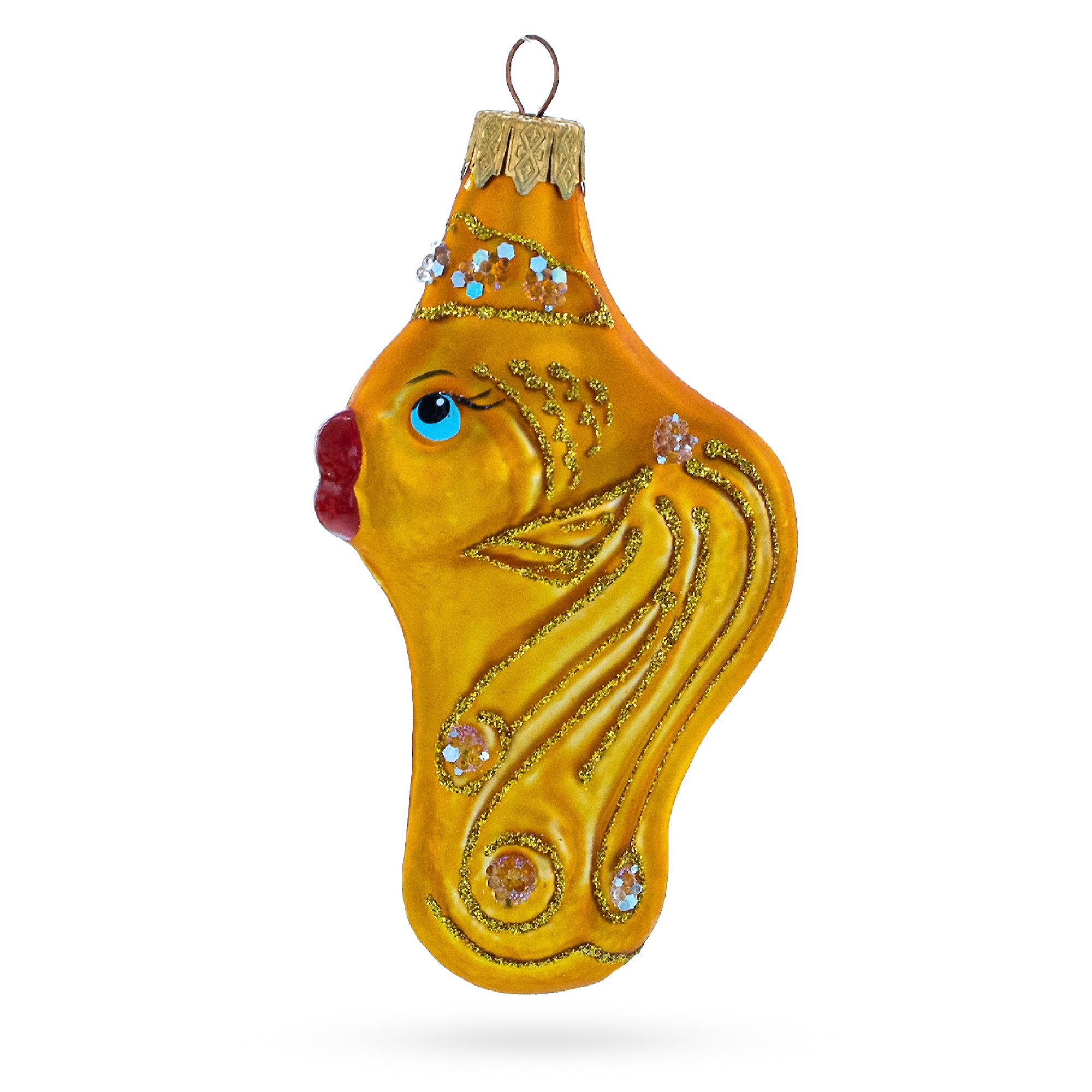 Gold Fish with Red Lips and Blue Eyes Glass Christmas Ornament in Gold color Figurine