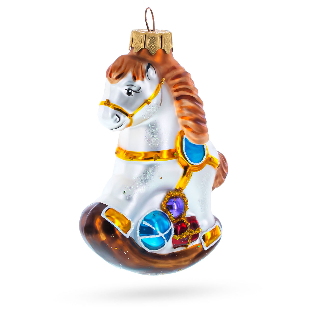 Rocking Horse with Gifts Glass Christmas Ornament in Multi color,  shape