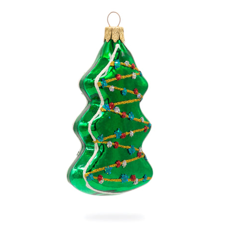 Garland-Decorated Tree Glass Christmas Ornament in Green color, Triangle shape