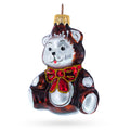 Teddy Bear with Red Bow Glass Christmas Ornament in Brown color Figurine