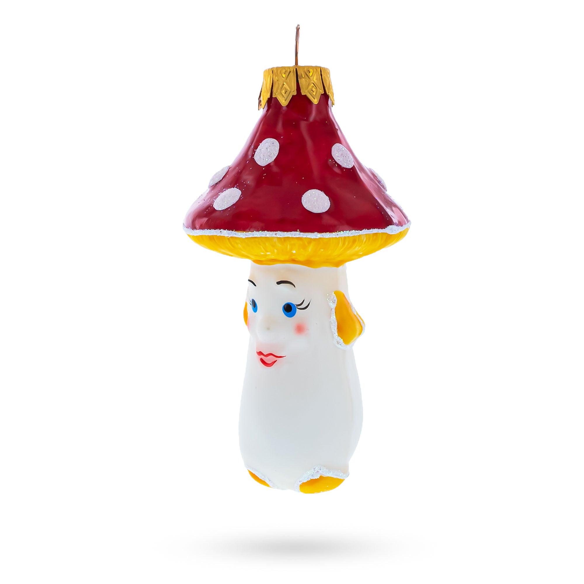 Mushroom with Red Cap and White Dots Glass Christmas Ornament in White color Figurine