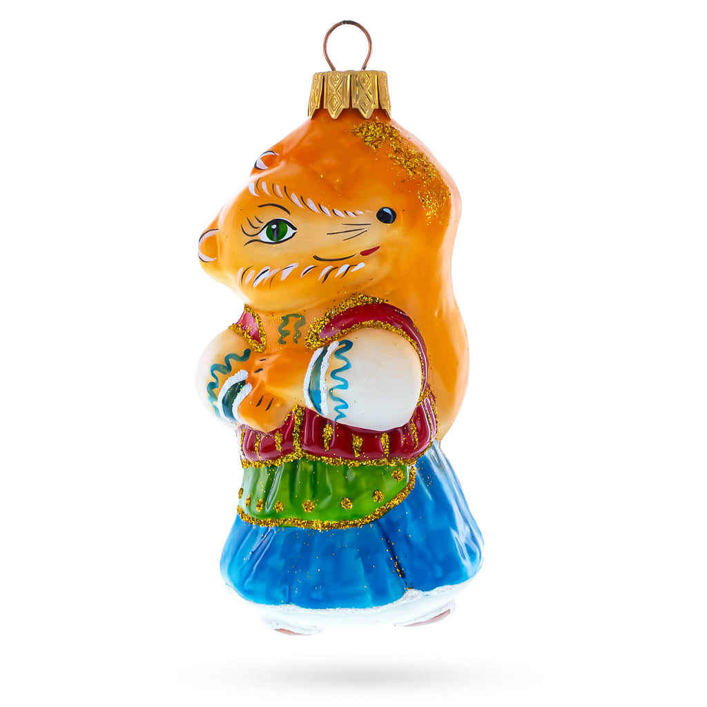 Fox in Folk Embroidered Costume Glass Christmas Ornament in Orange color Figurine