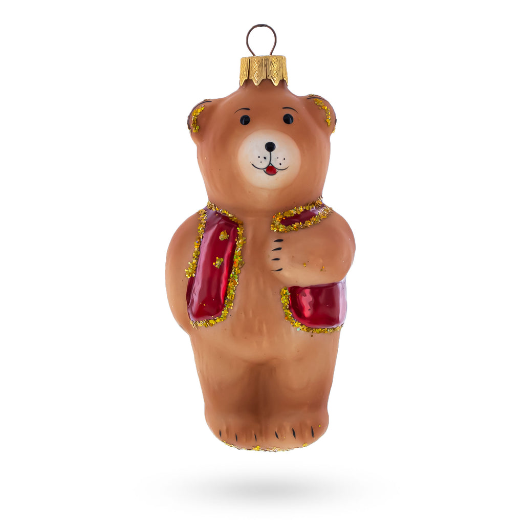 Glass Teddy Bear Wearing Red Jacket Glass Christmas Ornament in Brown color