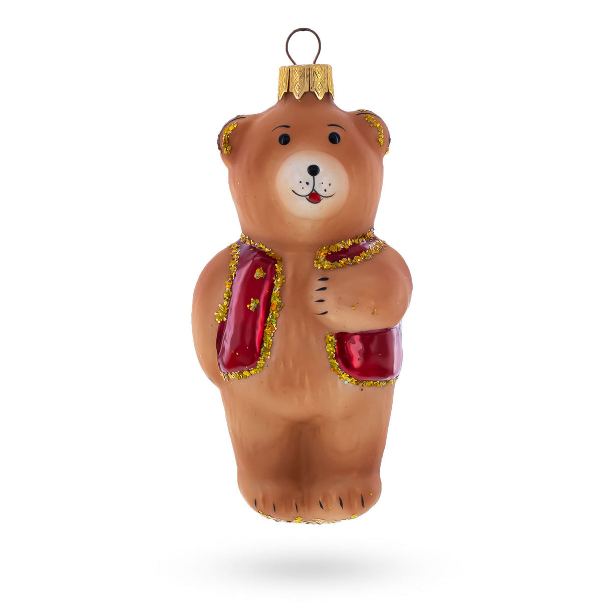 Teddy Bear Wearing Red Jacket Glass Christmas Ornament in Brown color,  shape