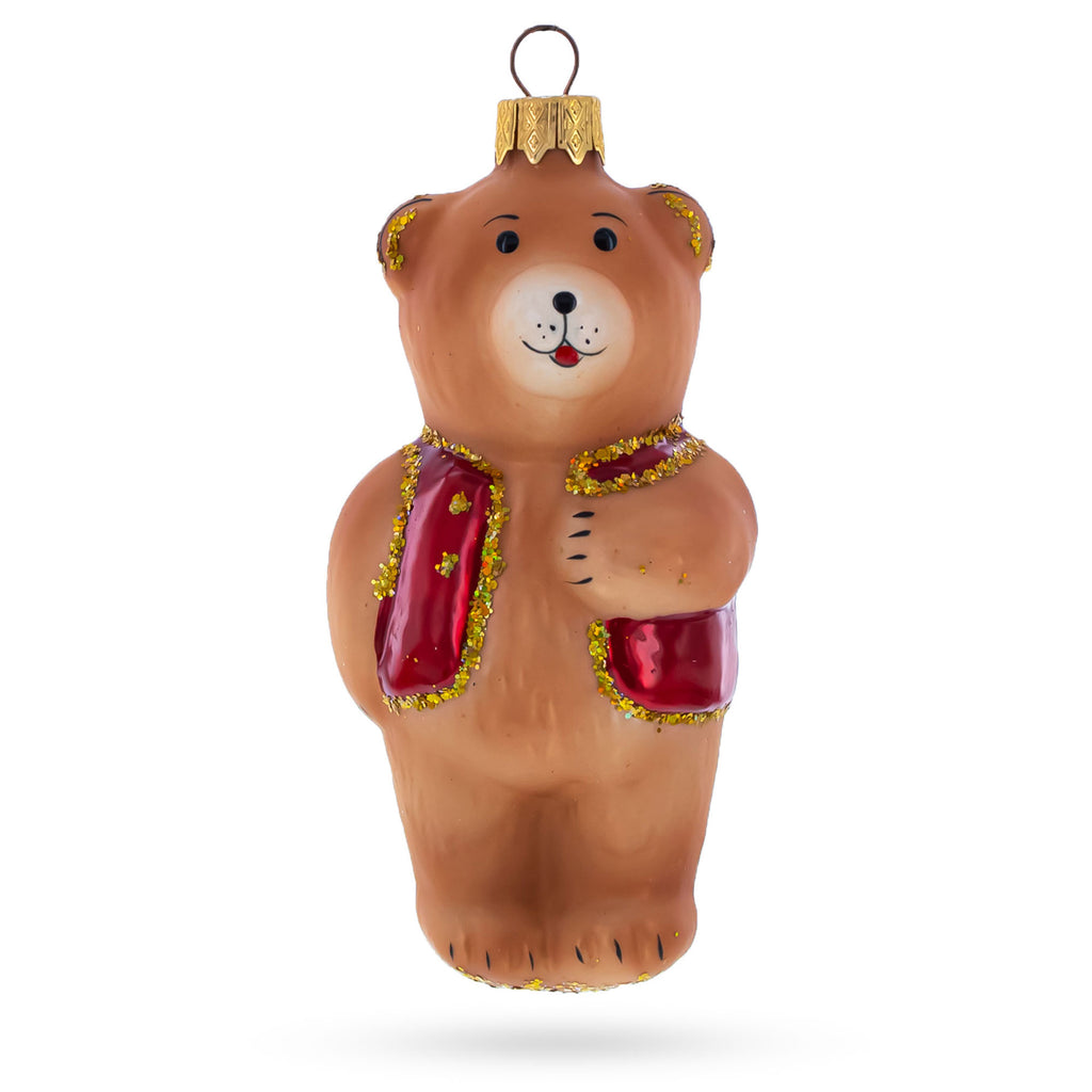 Brown Bear with Red Vest Glass Christmas Ornament in Brown color Figurine