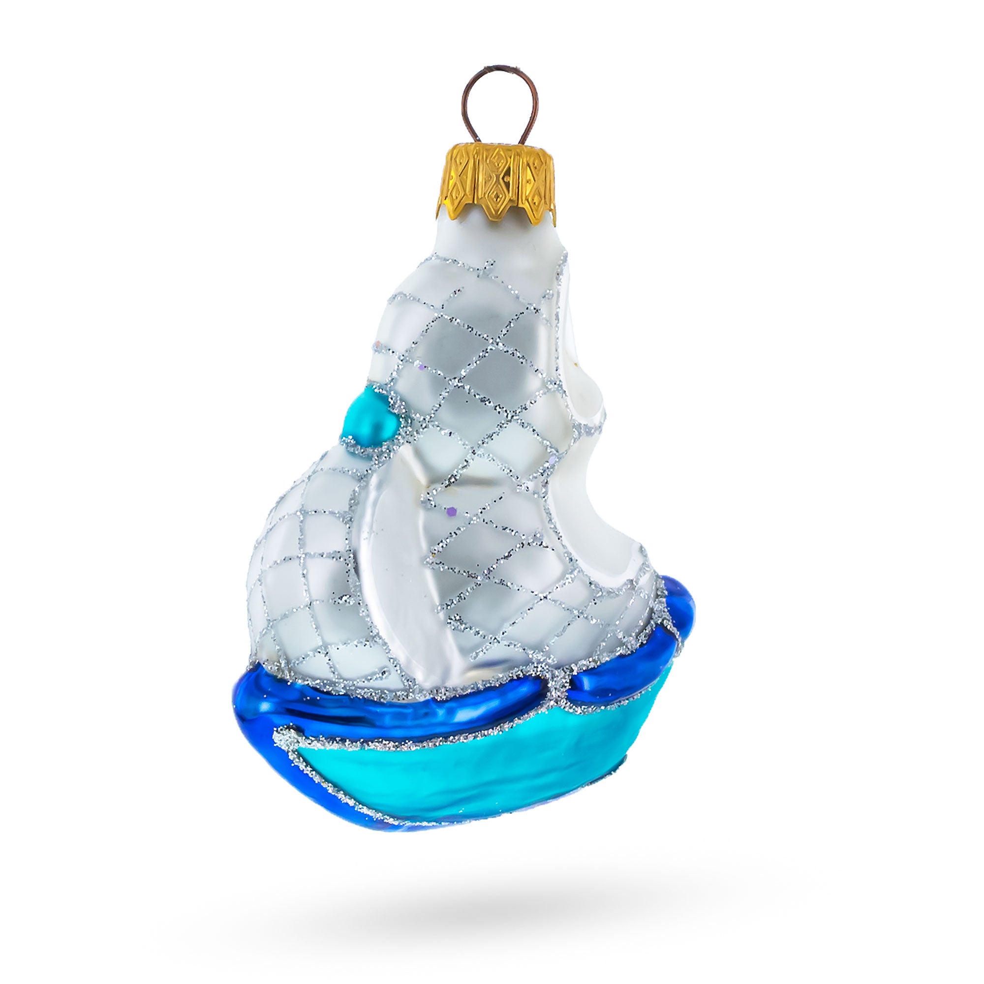 Sailing Ship with White Sails and Blue Hull Glass Christmas Ornament in Silver color Figurine