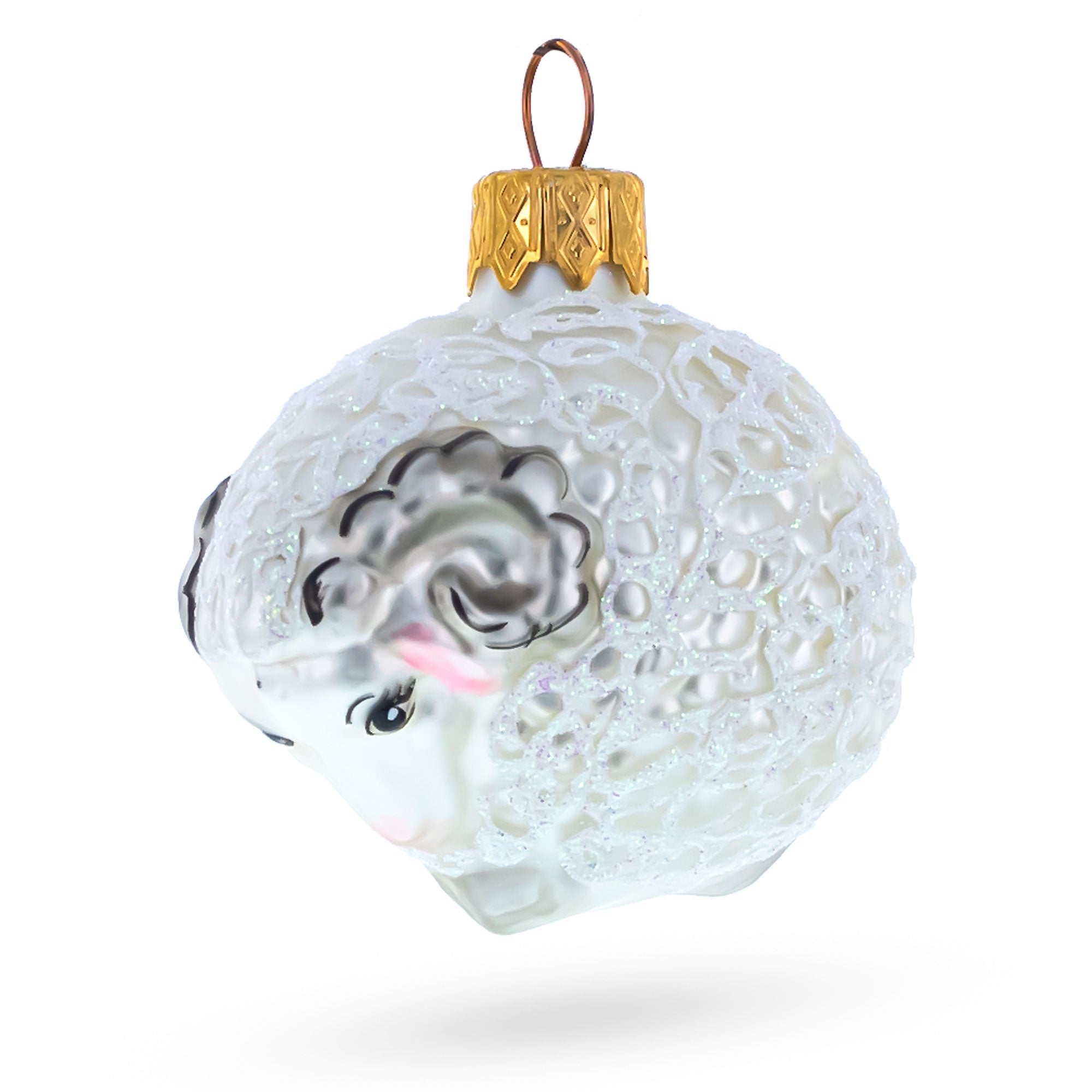 Woolly Ram with Curly Fleece Mini Glass Christmas Ornament in White color Figurine