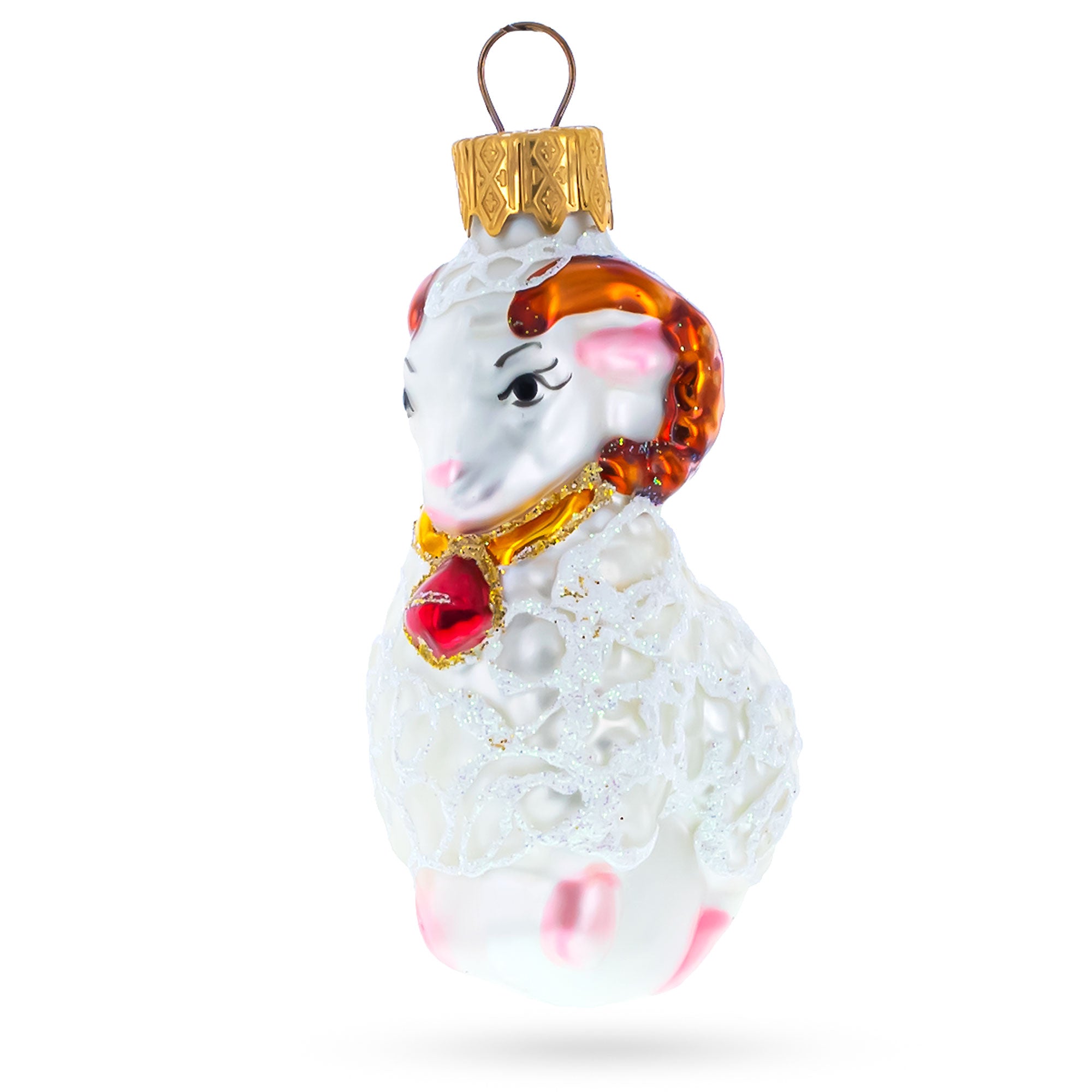 White Ram with Red Bell Glass Christmas Ornament in White color Figurine