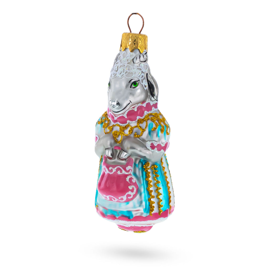 Goat in Traditional Folk Dress Koza Dereza Fairy Tale Glass Christmas Ornament in Grey color Figurine