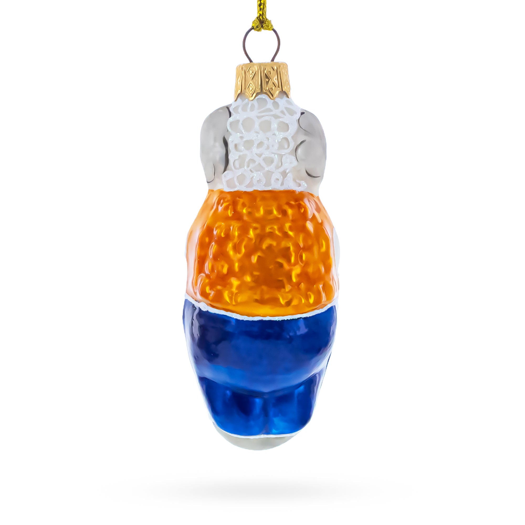Goat in Folk Vest with Blue Trousers and Hat Glass Christmas OrnamentUkraine , dimensions in inches: 4.1 x 1.5 x 1.5