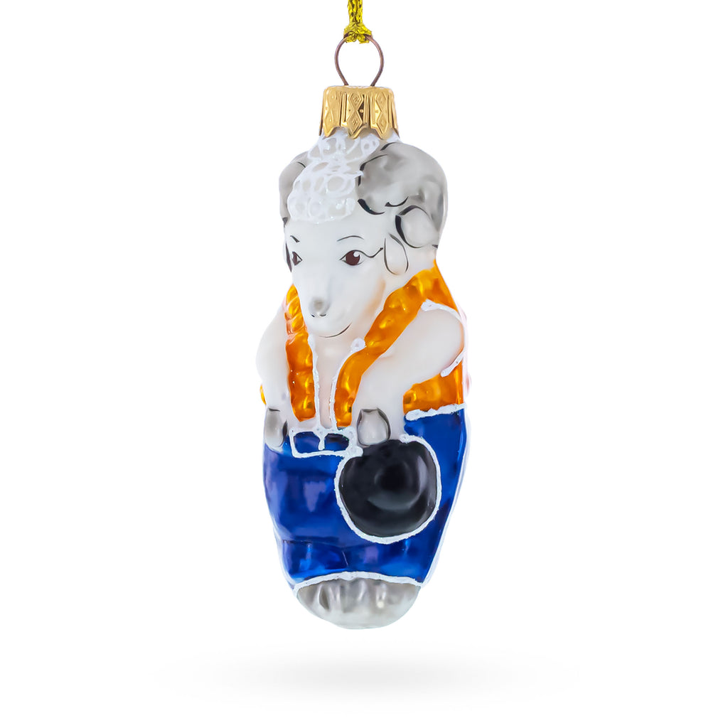 Goat in Folk Vest with Blue Trousers and Hat Glass Christmas Ornament in Blue color Figurine
