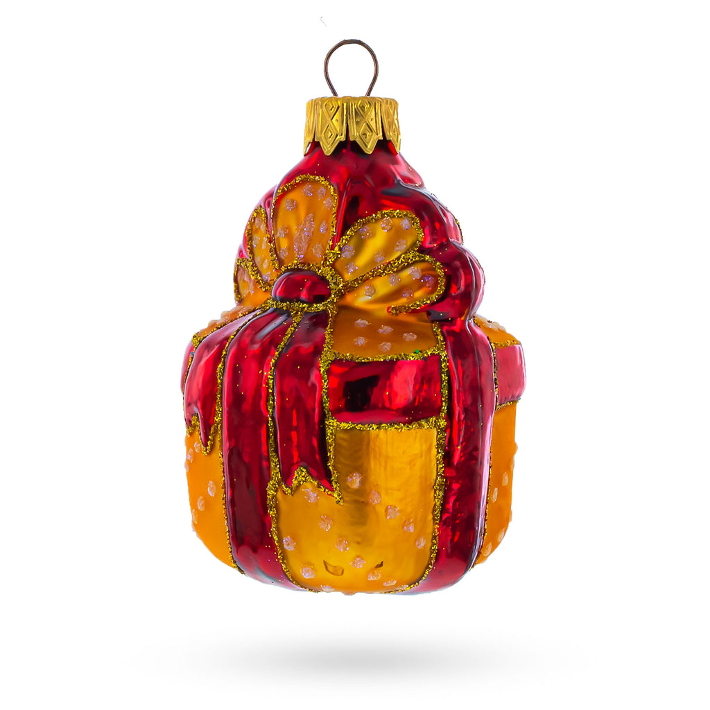 Gift Box with Red Ribbon Glass Christmas Ornament in Red color Figurine