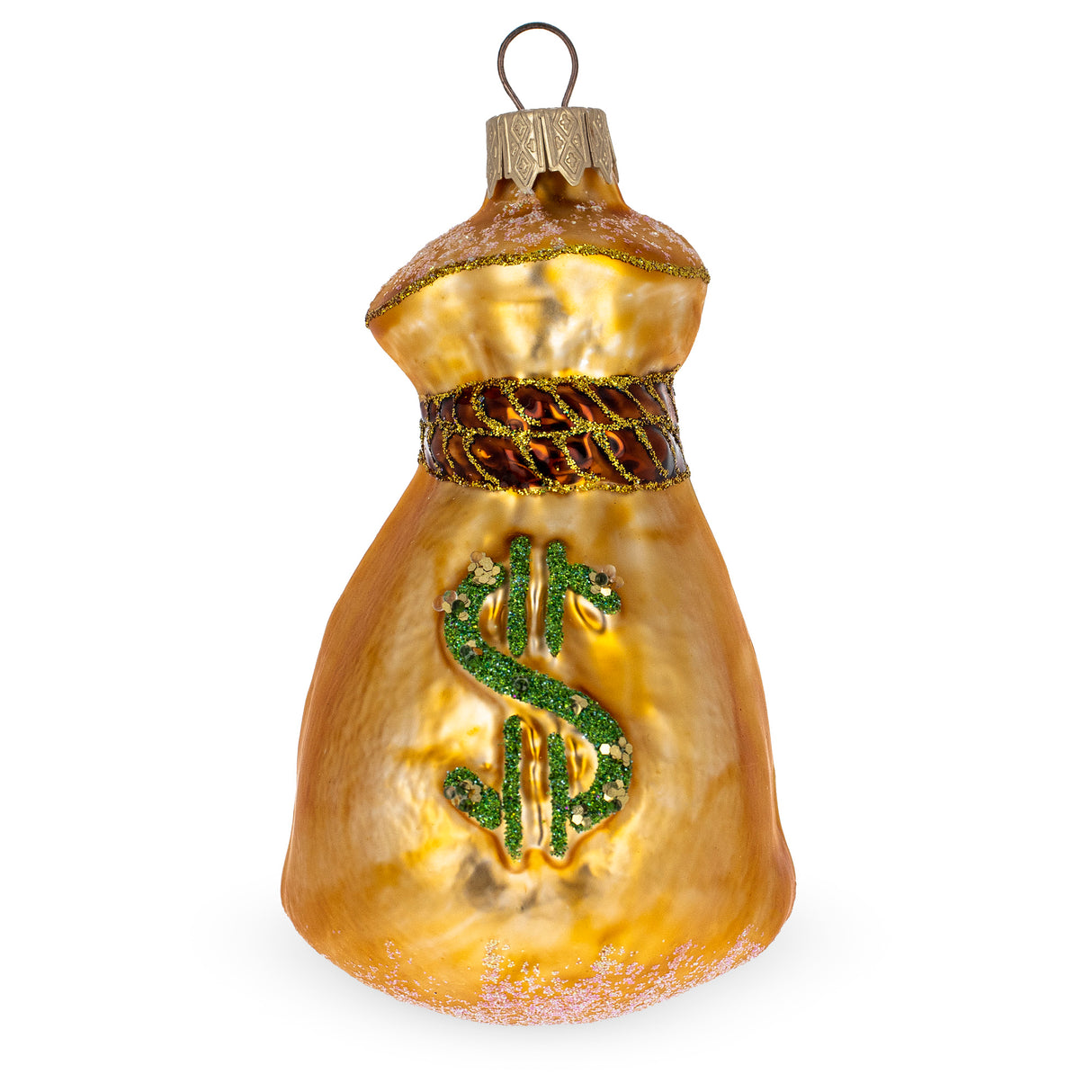 Bag of Money Prosperous and Wealth-Themed Glass Christmas Ornament in Gold color,  shape