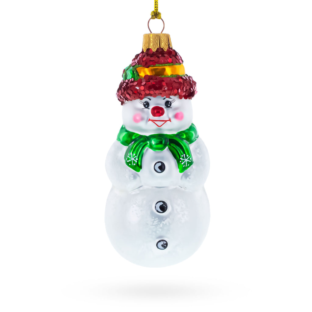 Snowman With Black Buttons and Red Nose Glass Christmas Ornament in Multi color Figurine