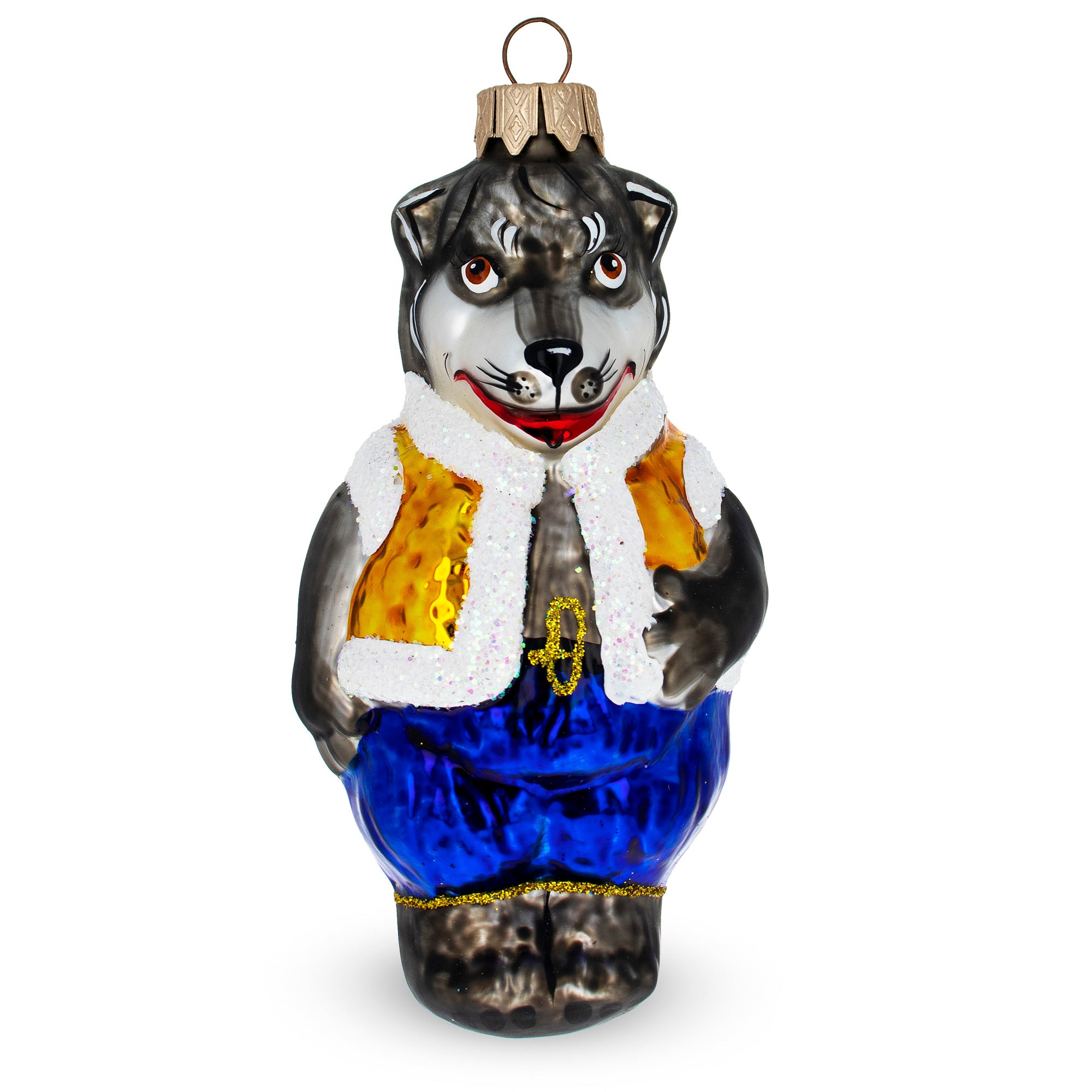 Gray Wolf Wearing Blue Pants and Gold Vest Glass Christmas Ornament in Gray color Figurine