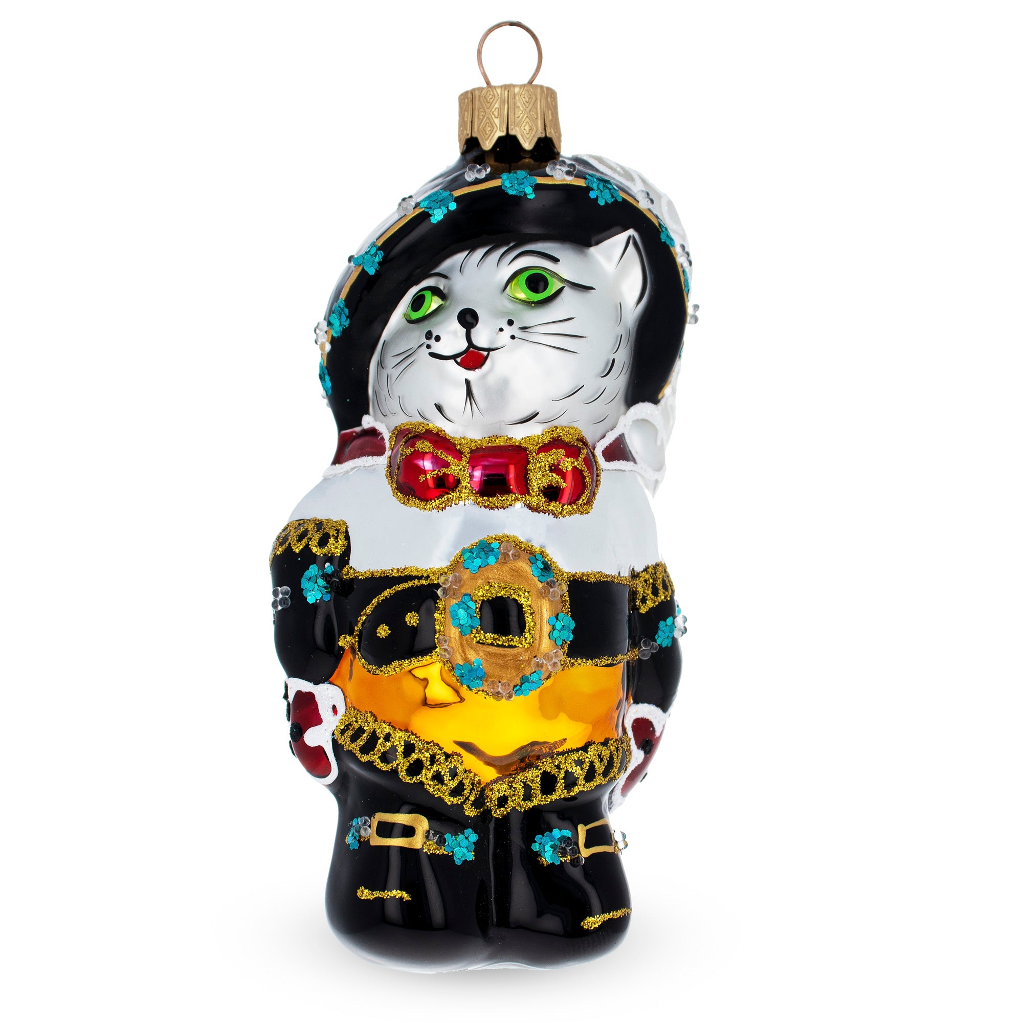 Puss in Boots Wearing Ornate Suit Glass Christmas Ornament in Black color Figurine