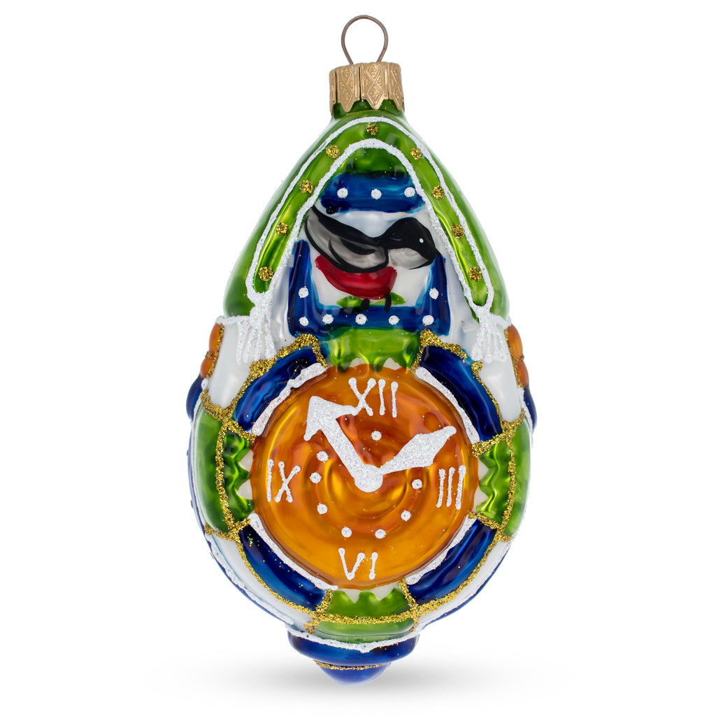 Traditional German Cuckoo Clock with Roman Numeral Glass Christmas Ornament in Green color Figurine