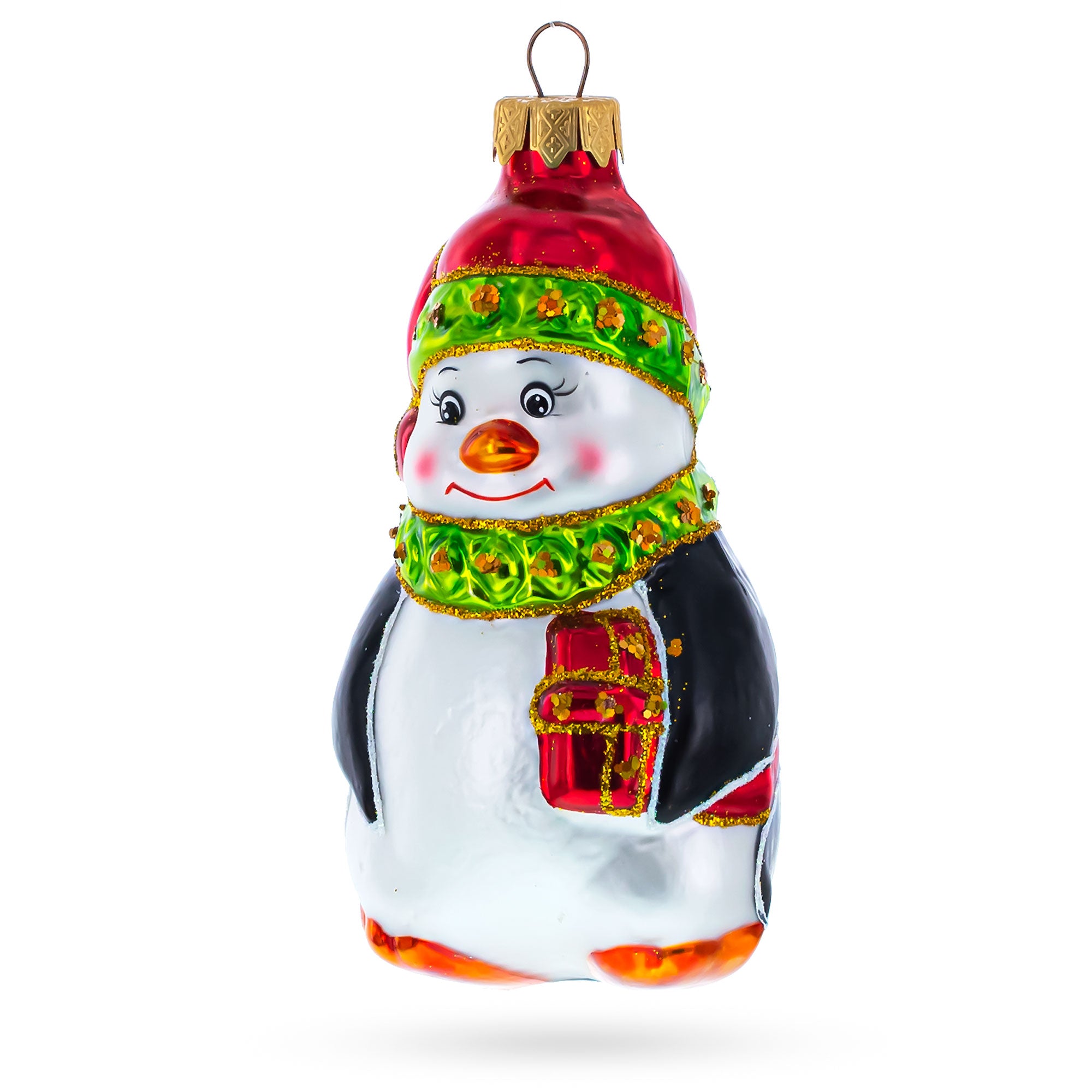 Penguin in Santa Hat with Red Present Glass Christmas Ornament in Black color Figurine