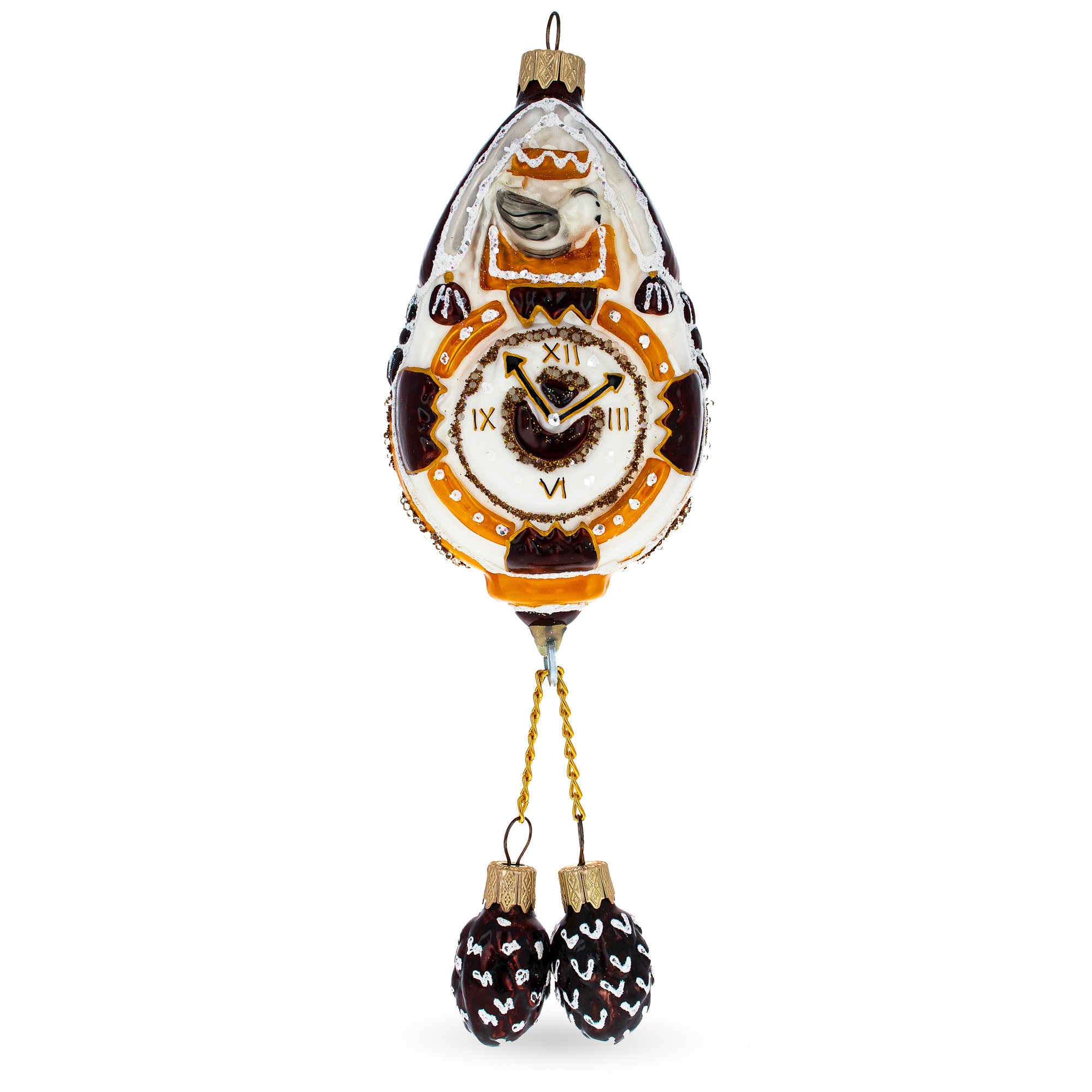 Traditional German Cuckoo Clock Glass Christmas Ornament in Orange color Figurine