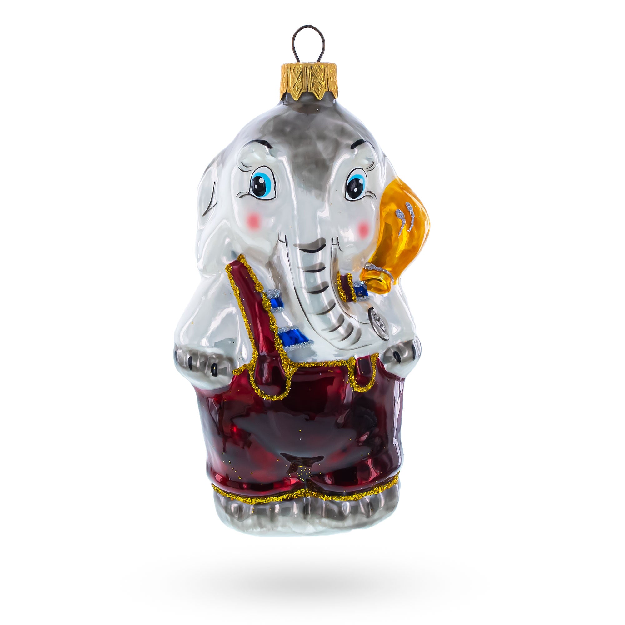 Elephant In Red Outfit Glass Christmas Ornament in Grey color Figurine