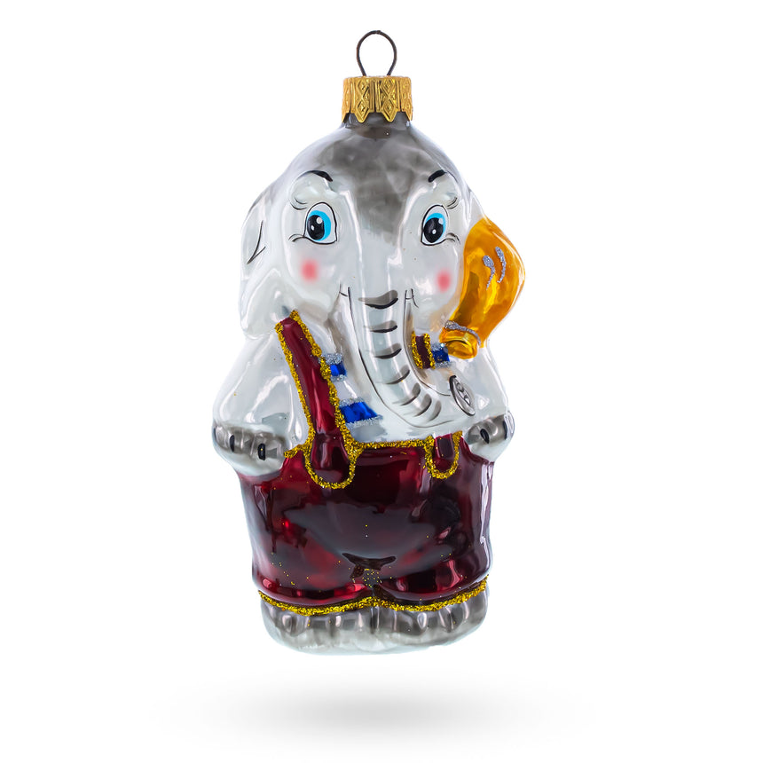 Baby Elephant Wearing Pants Glass Christmas Ornament in Red color