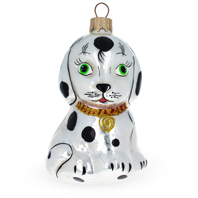Dalmatian Puppy Glass Christmas Ornament in White color,  shape