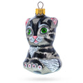 Striped Cat with Green Eyes Glass Christmas Ornament in Gray color Figurine