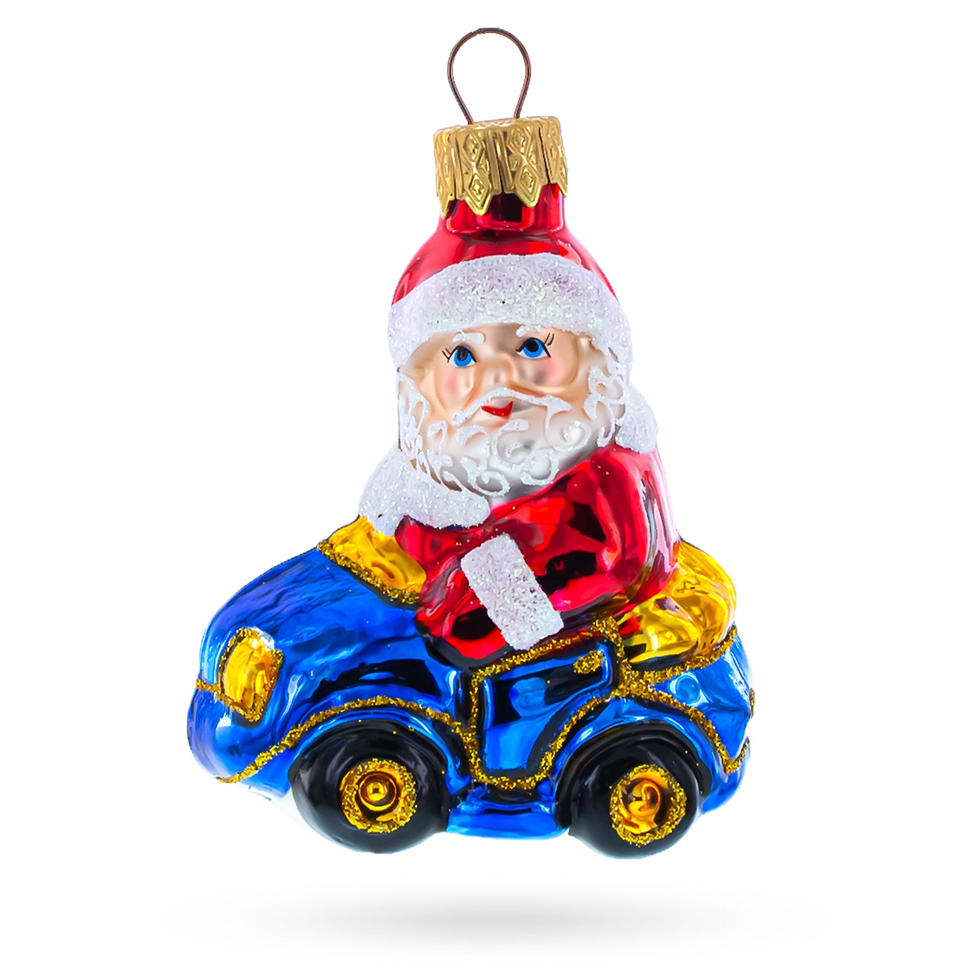 Santa Driving Blue Car Glass Ornaments in Red color Figurine