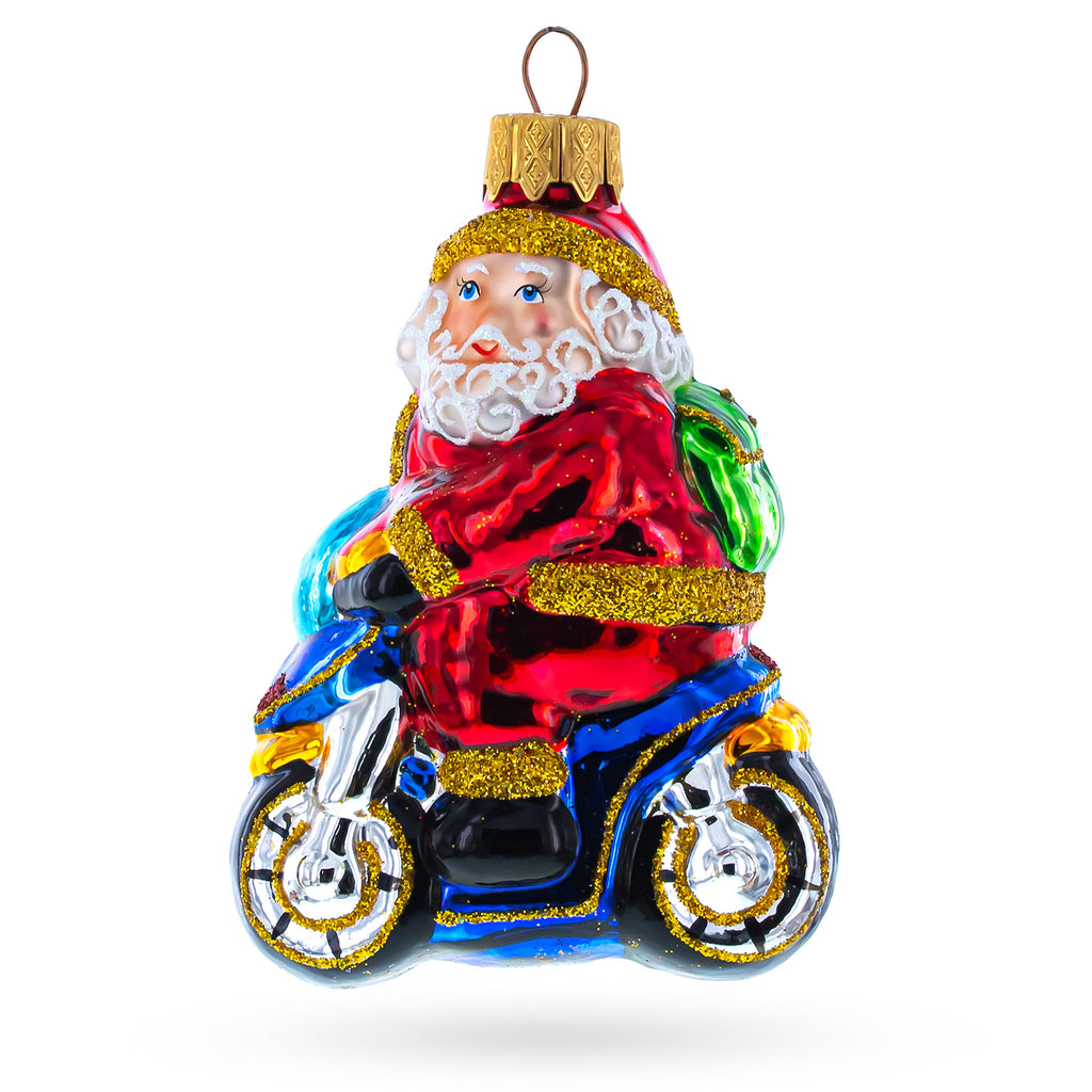 Santa on Motorcycle with Green Backpack Glass Christmas Ornament in Red color Figurine