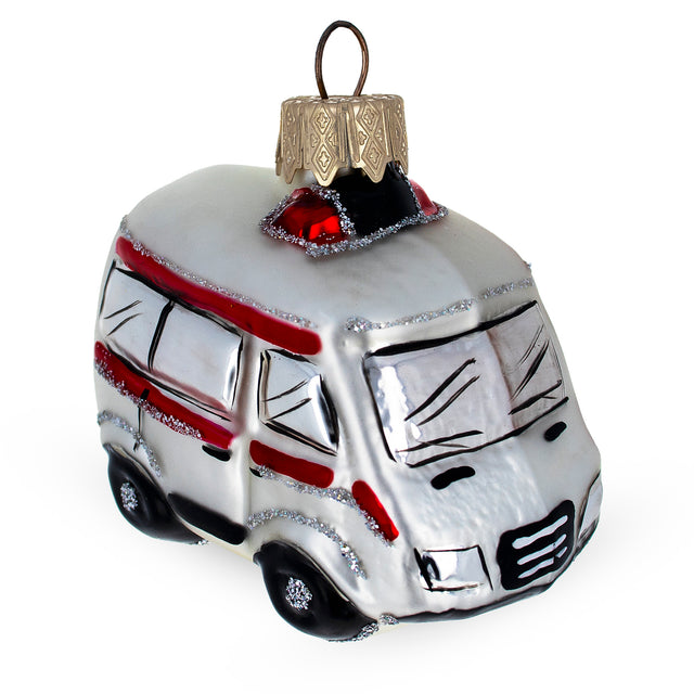 White Ambulance Car Glass Christmas Ornament in White color,  shape