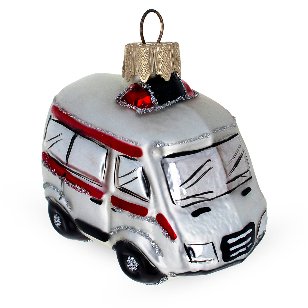 Emergency Vehicle Ambulance Car Mini Glass Christmas Ornament in White color Figurine