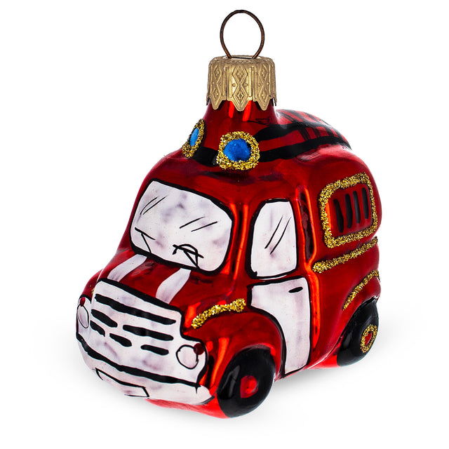Glittered Fire Truck Glass Christmas Ornament in Red color,  shape