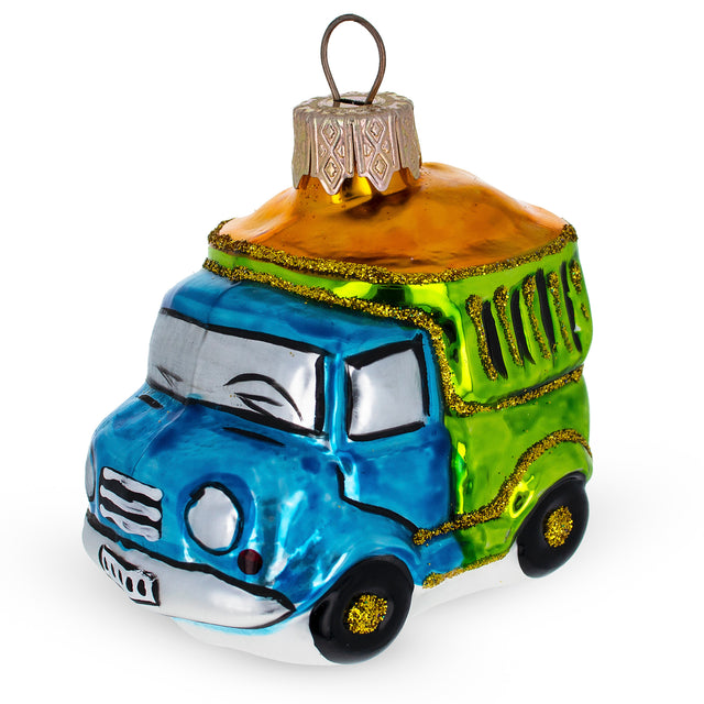 Dump Truck Glass Christmas Ornament in Blue color,  shape