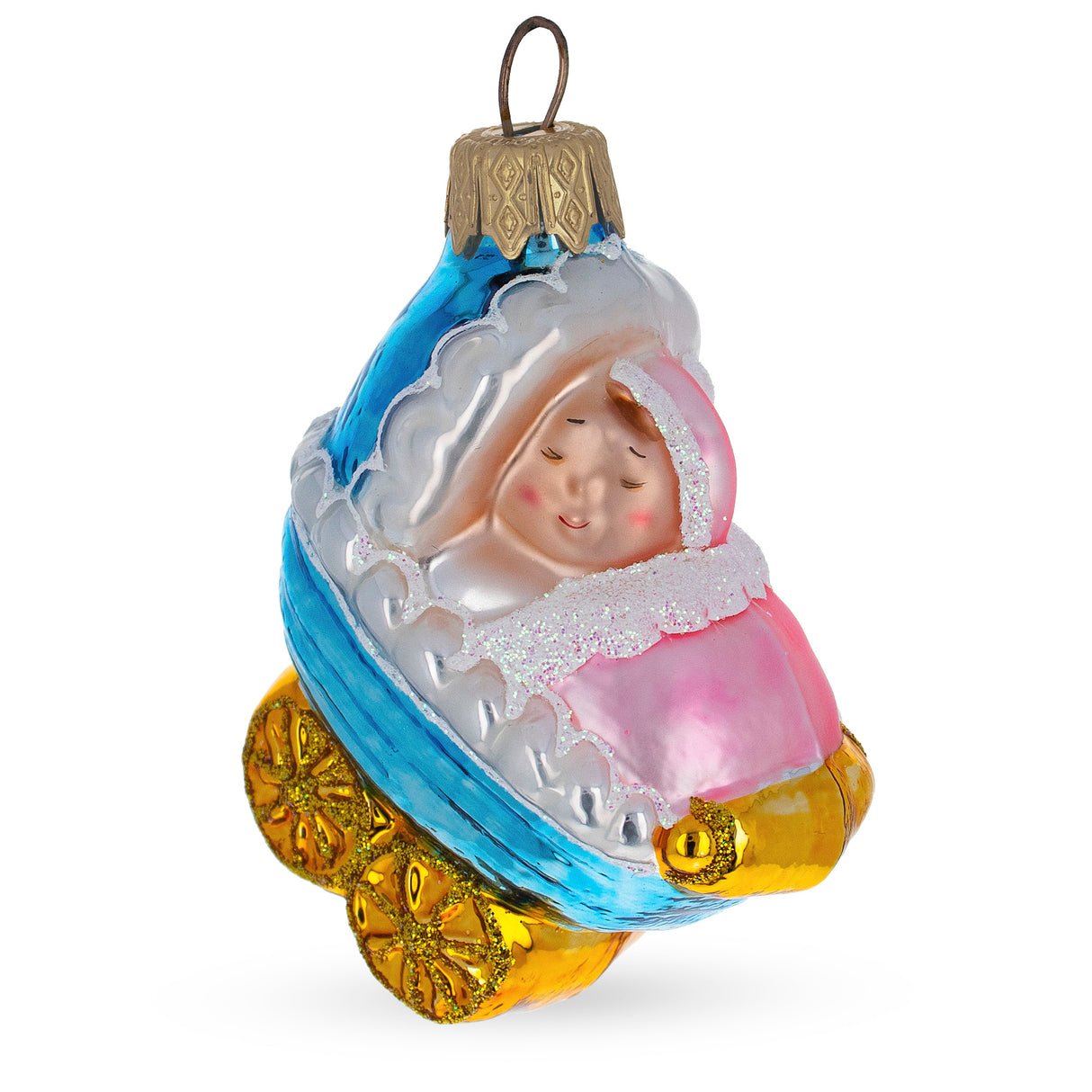 Newborn Baby Girl in a Stroller Glass Christmas Ornament in Multi color,  shape