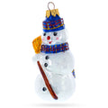 Snowman Wearing Blue Hat and Plaid Scarf with Broom Glass Christmas Ornament in Silver color Figurine