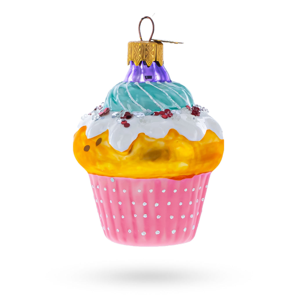 Cupcake Covered with Icing Glass Christmas Ornament in Pink color Figurine