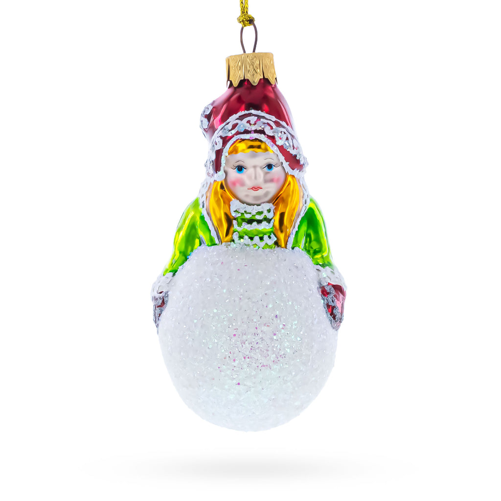 Girl Making a Snowball Glass Christmas Ornament in Multi color Figurine
