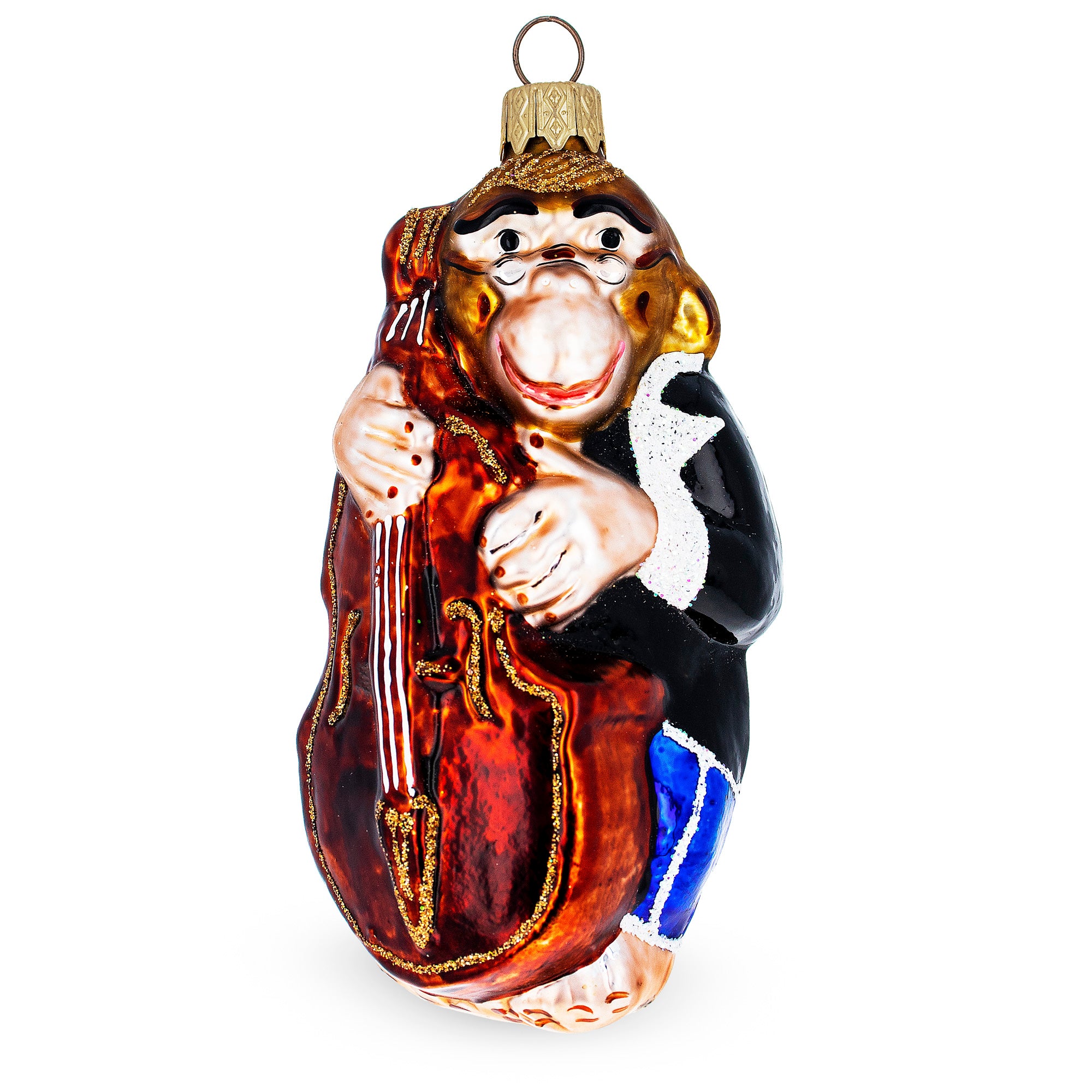 Musician Monkey Playing Cello Glass Christmas Ornament in Brown color Figurine