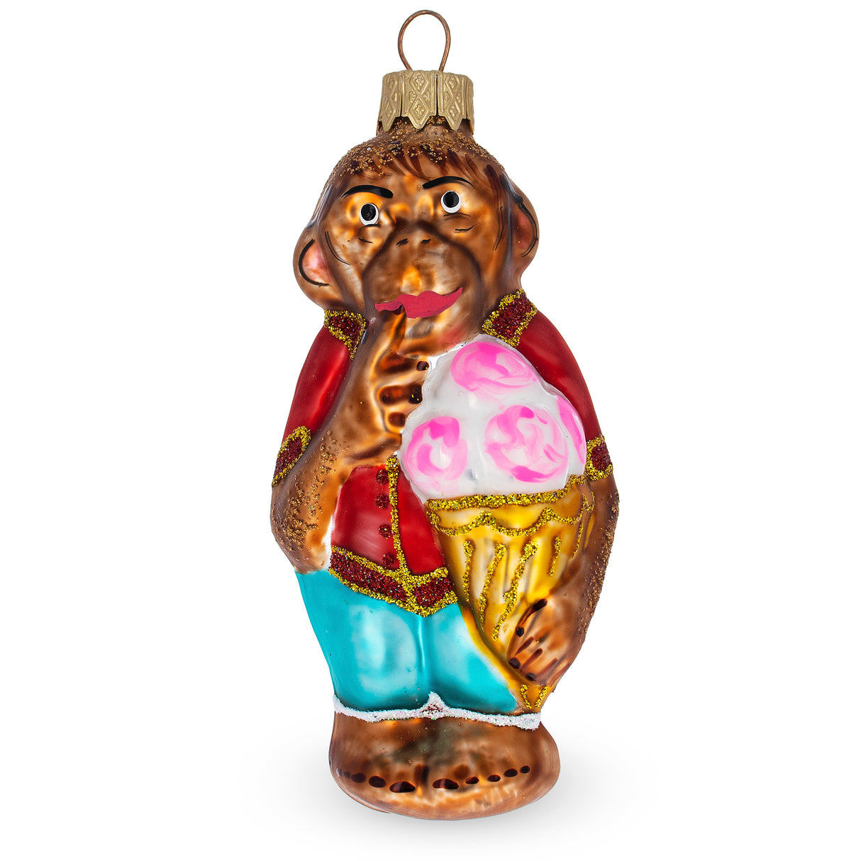 Monkey with Ice Cream Glass Christmas Ornament in Multi color,  shape