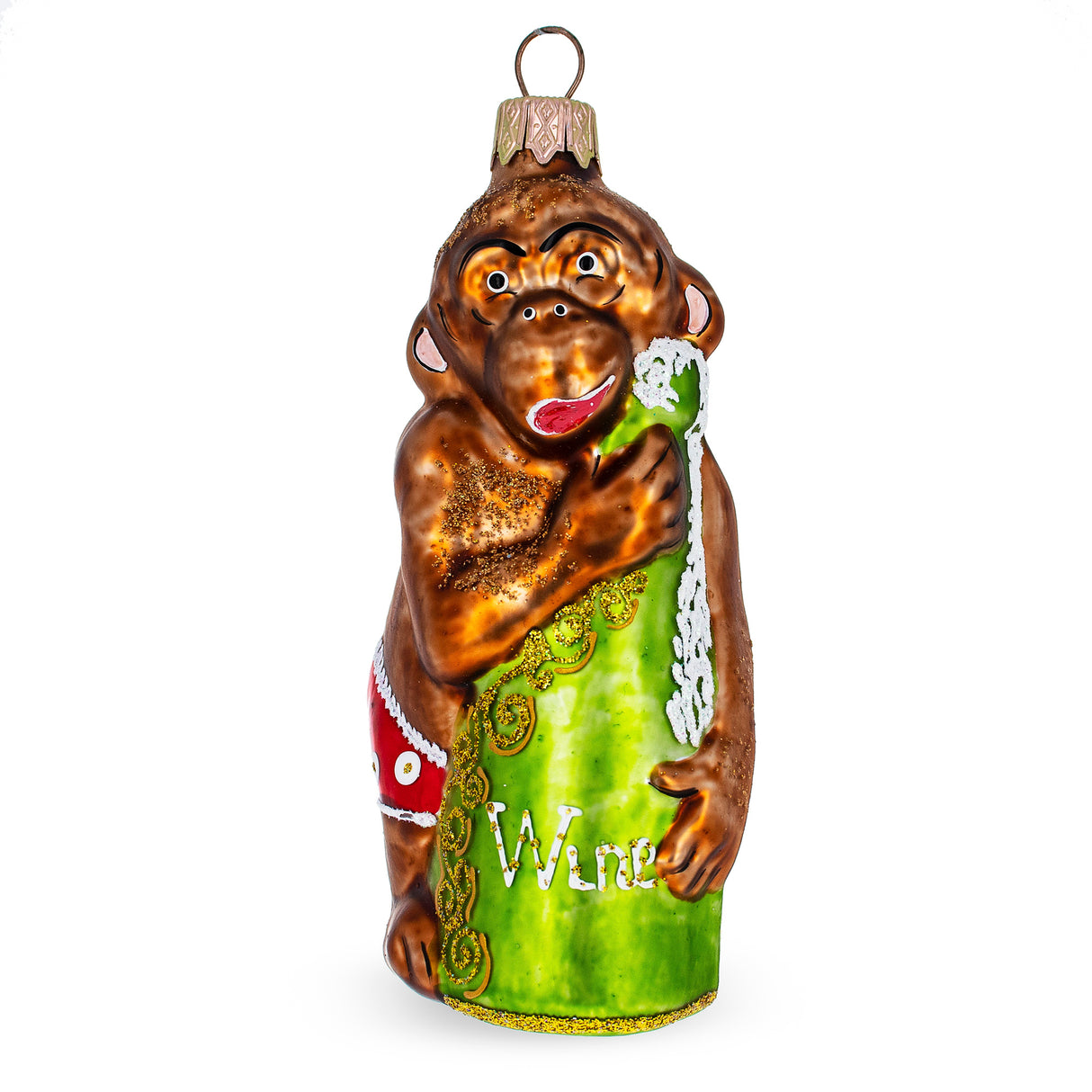 Monkey with Wine Bottle Glass Christmas Ornament in Brown color,  shape