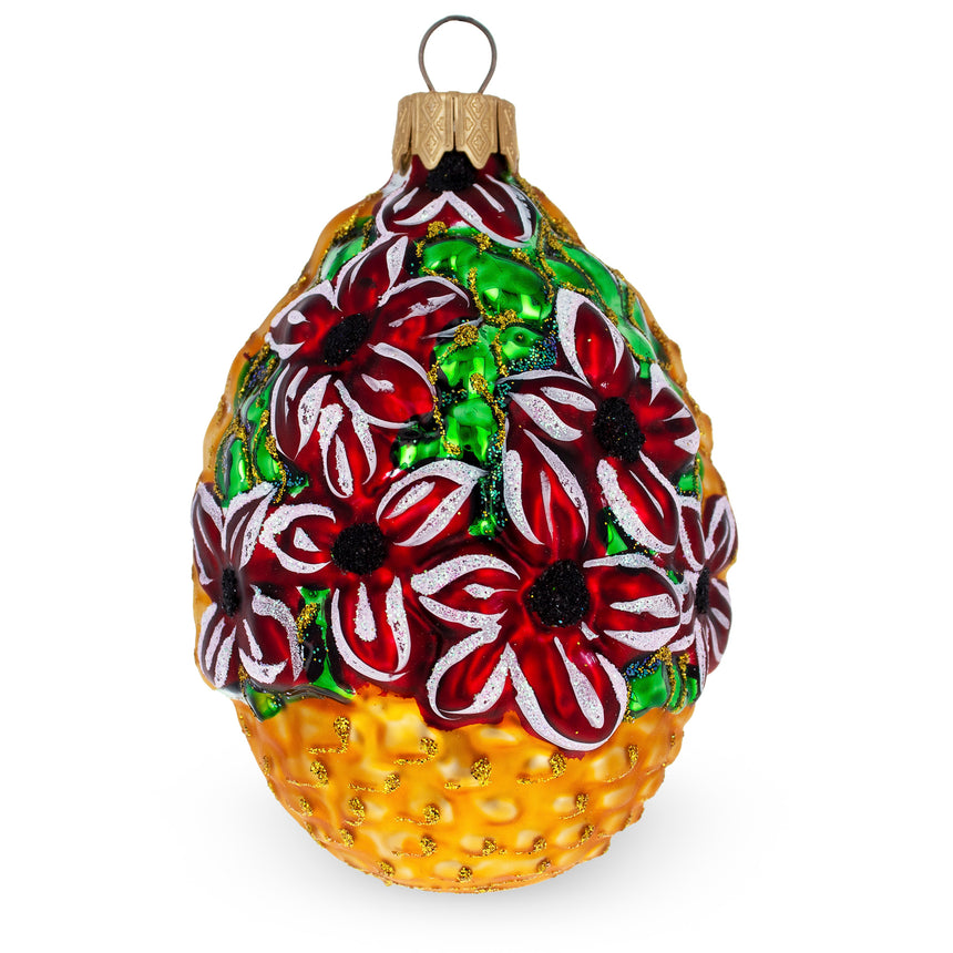Red Flowers Bouquet in a Basket Glass Christmas Ornament in Red color