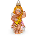 Cherub Angel Musician Playing Golden Mandolin Glass Christmas Ornament in Pink color Figurine