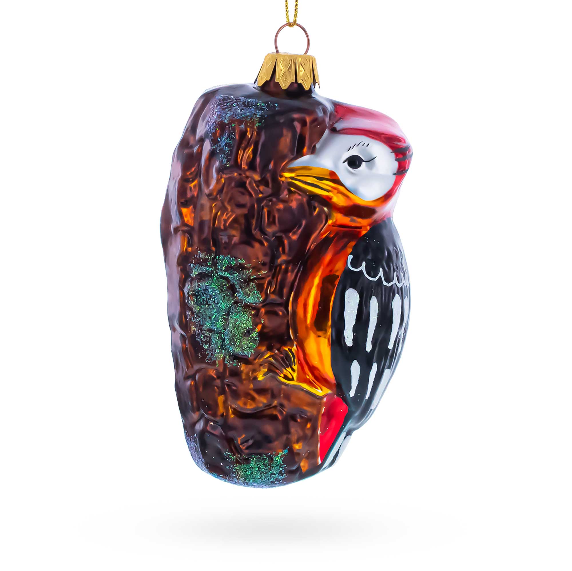 Red Headed Woodpecker Perched On Bark Glass Christmas Ornament in Brown color Figurine
