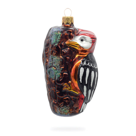 Woodpecker on a Branch Glass Christmas Ornament in Multi color