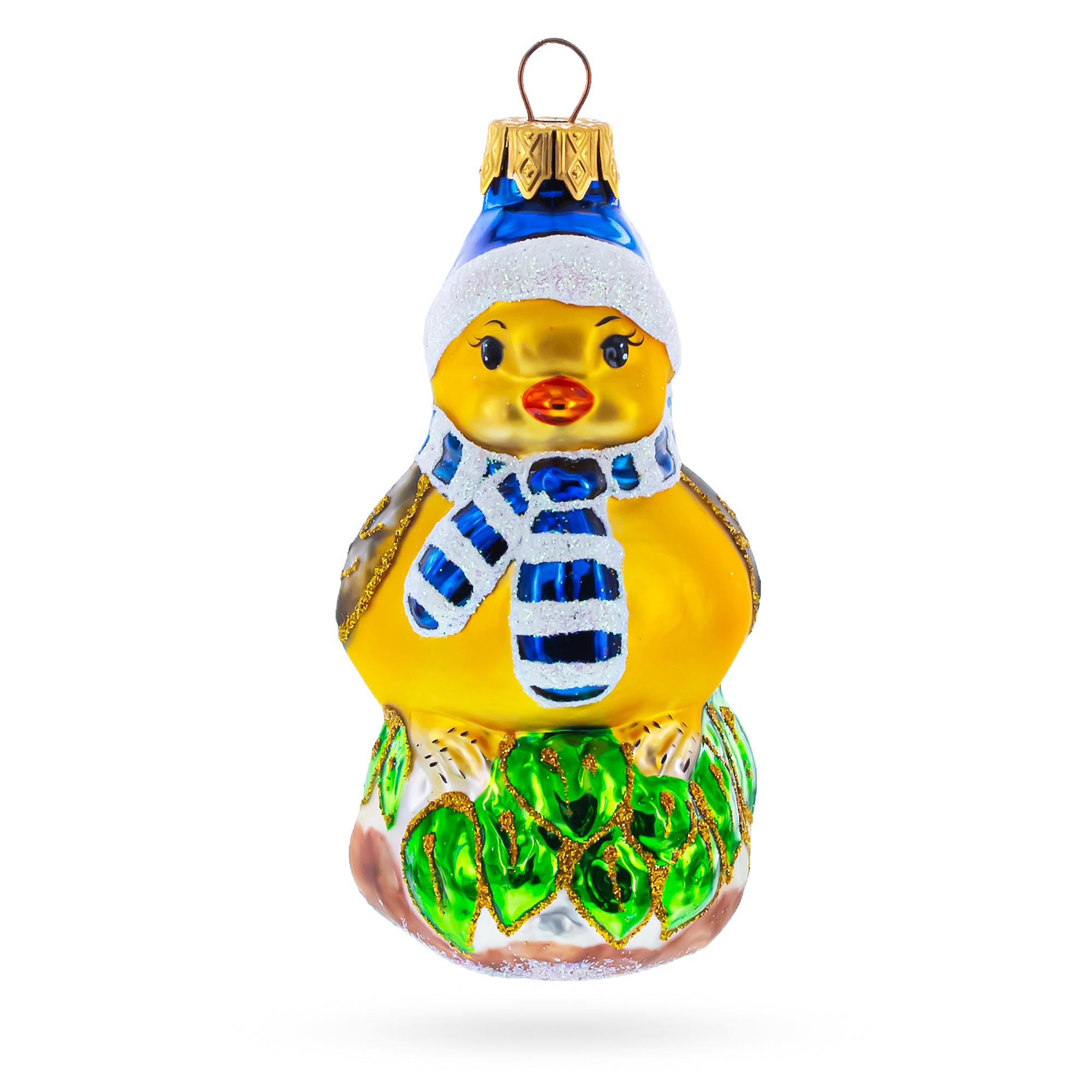 Winter Chick in Blue Hat and Scarf Glass Christmas Ornament in Multi color Figurine