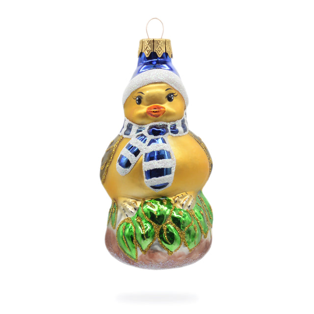 Bird wearing Hat and Scarf Glass Christmas Ornament in Multi color,  shape